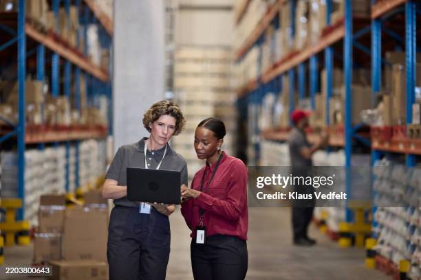 female manager discussing with employee using laptop - logistique photos et images de collection