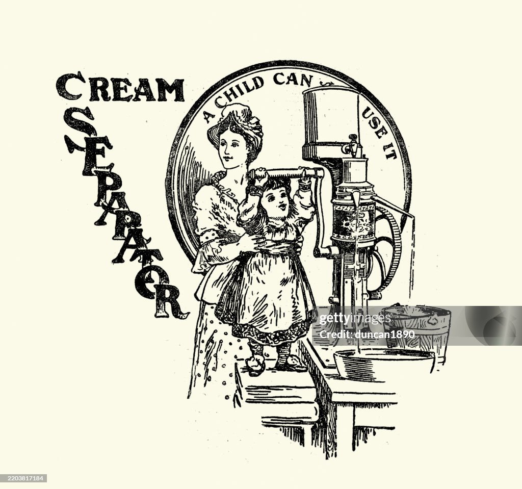 Mother and daughter using a Victorian cream separator, also known as a milk separator, is a specialized machine designed to efficiently separate whole milk into two distinct components: cream and skimmed milk, 1890s, 19th Century Vintage illustration