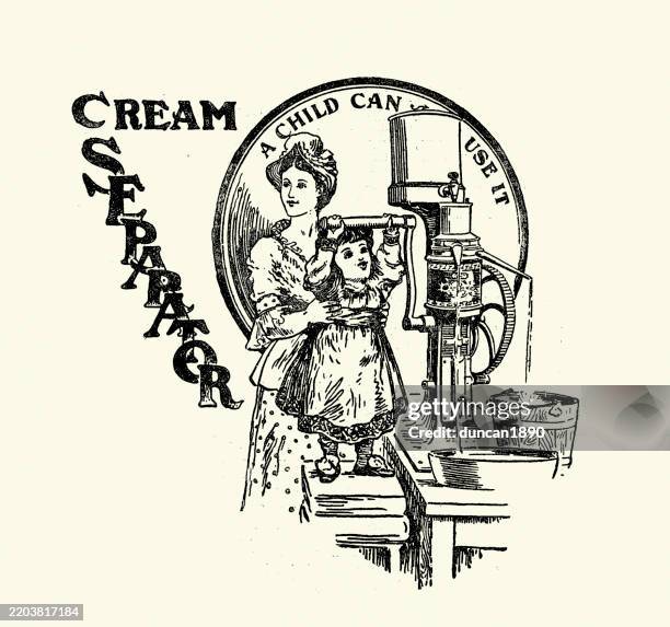 mother and daughter using a victorian cream separator, also known as a milk separator, is a specialized machine designed to efficiently separate whole milk into two distinct components: cream and skimmed milk, 1890s, 19th century vintage illustration - dairy manufacturing stock illustrations