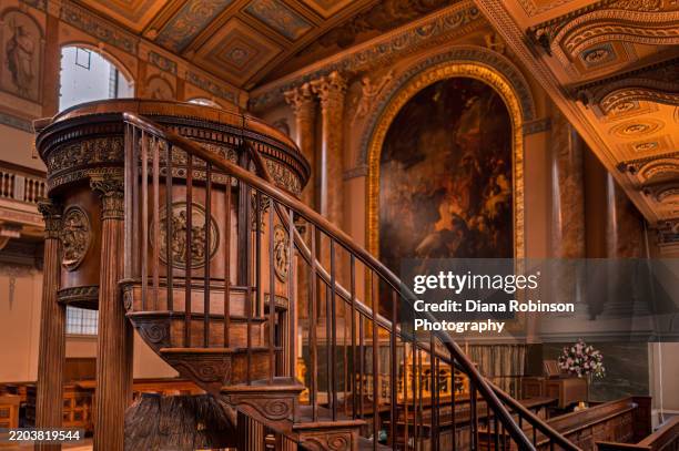 pulpit at the chapel of st. peter and st. paul at the old royal naval college, built by sir christopher wren, greenwich, london - merman stock pictures, royalty-free photos & images