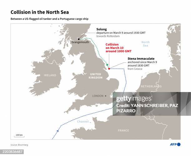 Infographic with a map showing the path of the "Stena Immaculate" oil tanker and "Solong" cargo ship which collided off the coast of England in the...