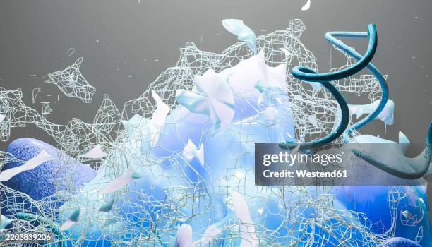 abstract 3d render of blue and white molecular structure with dark background - floating particles stock illustrations