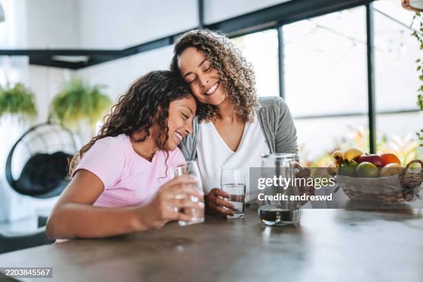 mother and daughter drinking water together - dricksvatten bildbanksfoton och bilder