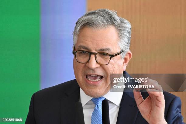 Brazil's new health minister, Alexandre Padilha, speaks during his swearing-in ceremony at the Planalto Palace in Brasilia on March 10, 2025. Padilha...