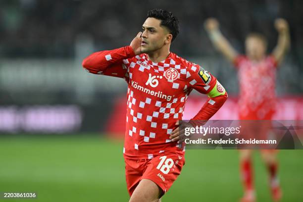 Nadiem Amiri of FSV Mainz 05 celebrates after scoring his team's 3rd goal during the Bundesliga match between Borussia Mönchengladbach and 1. FSV...