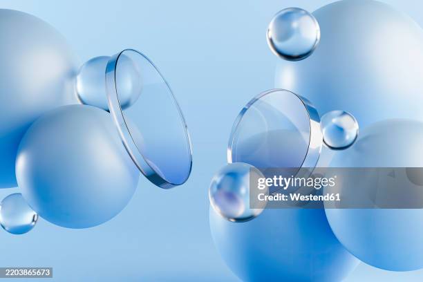 ilustraciones, imágenes clip art, dibujos animados e iconos de stock de abstract composition of glass shapes and blue spheres in a modern design - digitalización