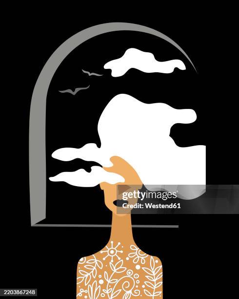 illustrazioni stock, clip art, cartoni animati e icone di tendenza di illustration of a woman with cloud-like hair and patterned body on a black background - fashion show