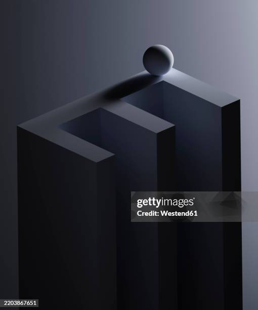 abstract alphabet e with 3d sphere at edge - gray studio background stock illustrations