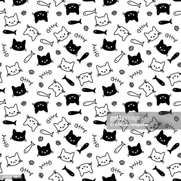 seamless pattern with cute cats and fishes - cat meowing stock illustrations
