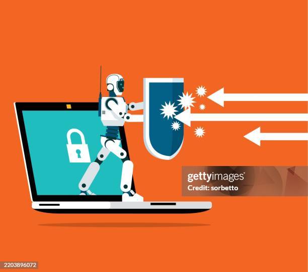 robot out from a computer with a shield - security lock screen stock illustrations