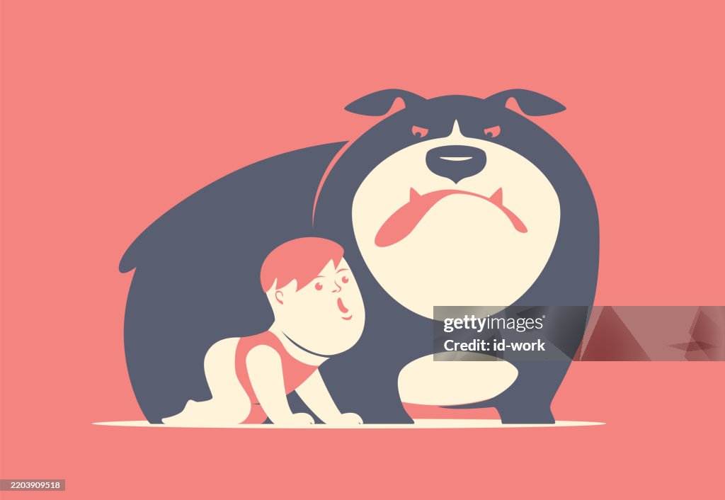 Little boy crawling beside angry dog