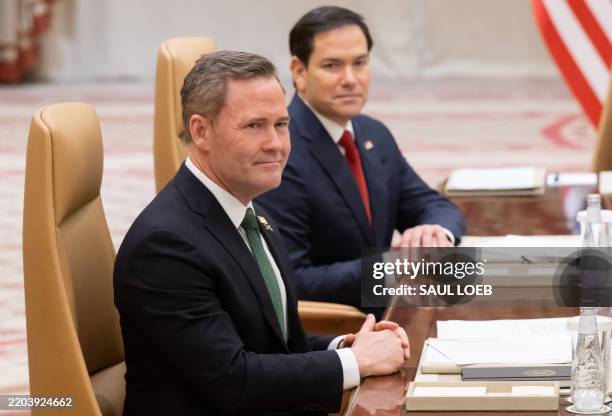 Secretary of State Marco Rubio and US National Security Advisor Mike Waltz hold a meeting with Ukrainian officials in Jeddah on March 11, 2025. In...