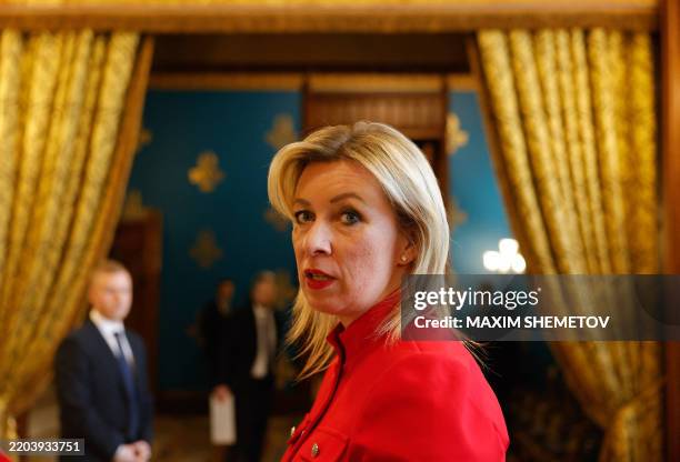 Spokeswoman of Russia's Foreign Ministry Maria Zakharova speaks to the media after a joint press conference of Russian Foreign Minister and OSCE...