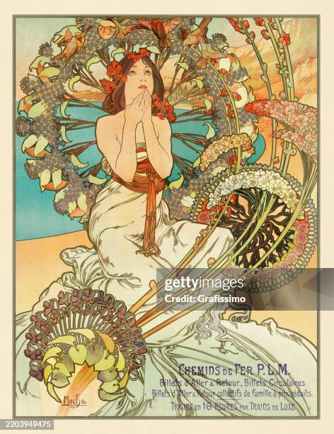 beautiful woman sitting and praying in nature art nouveau 1897 - alphonse mucha stock illustrations