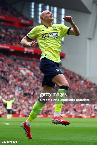 Will Smallbone of Southampton celebrates scoring the opening goal during the Premier League match between Liverpool FC and Southampton FC at Anfield...