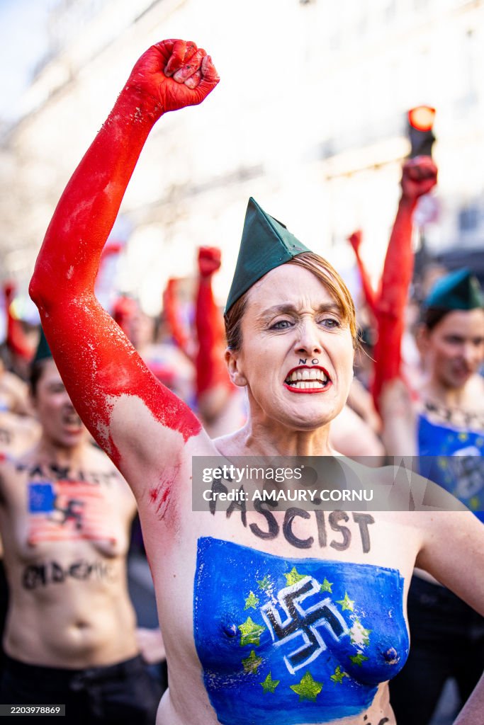 Woman Protest Action by FEMEN activist demonstrators against fascism and the rise ...
