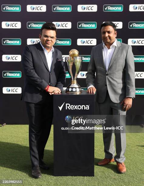 Jay Shah, ICC Chair poses for a photo with Nitin Agarwal, Chief Marketing Officer, Unilever International and the ICC Women's World Cup as the ICC...