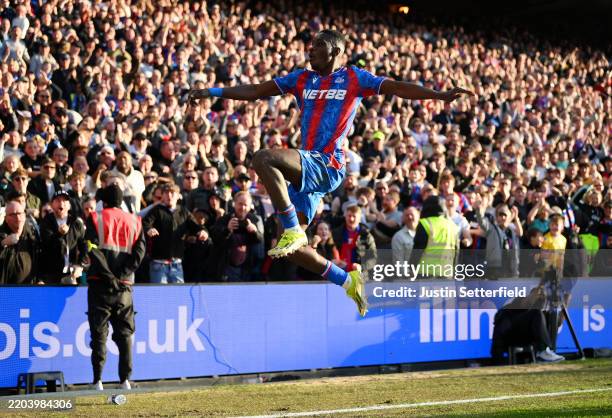 Ismaila Sarr of Crystal Palace celebrates scoring his team's first goal during the Premier League match between Crystal Palace FC and Ipswich Town FC...