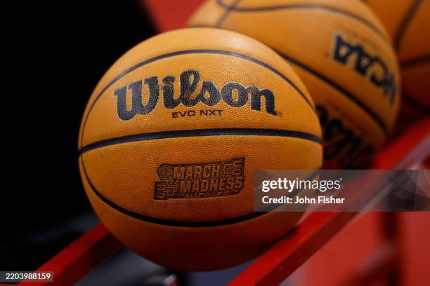 Detail view of a Wilson basketball with the March Madness logo before game between the Wisconsin Badgers and Penn State Nittany Lions at Kohl Center...
