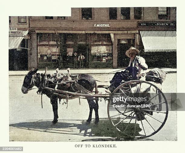 the old prospector, man setting off from san jose, california, to join the klondike gold rush, riding mule cart, 1890s, 19th century vintage photograph - klondike gold rush national historic park stock illustrations