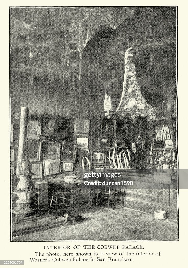 Interior of Warner's Cobweb Palace was a popular saloon and restaurant at Meiggs Wharf in San Francisco, California, 1890s, 19th Century Vintage photograph