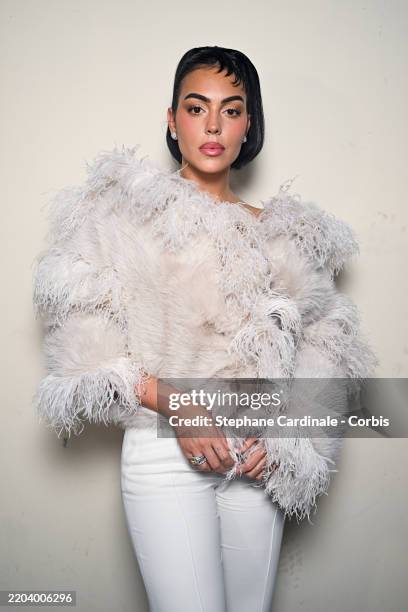 Georgina Rodriguez poses backstage after the Elie Saab Womenswear Fall/Winter 2025-2026 show as part of Paris Fashion Week at Palais De Tokyo on...