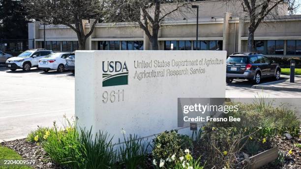 Sign stands outside the USDA Agriculture Research Sciences Center in Parlier on Wednesday, Feb. 26, 2025. About a dozen scientists and researchers...