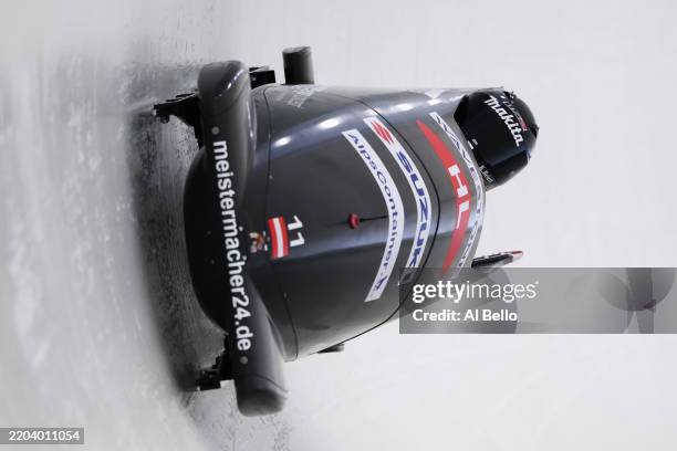 Katrin Beierl of Austria competes during the Women’s Monobob Race Heat 1 on Day 3 of the 2025 IBSF World Championships at Mt Van Hoevenberg on March...