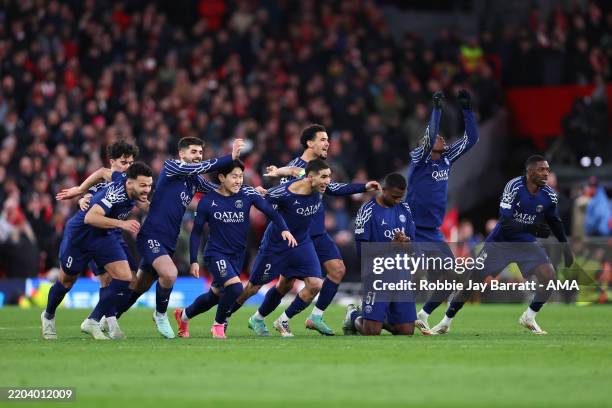 Players of PSG celebrate winning the penalty shoot out during the UEFA Champions League 2024/25 UEFA Champions League 2024/25 Round of 16 Second Leg...