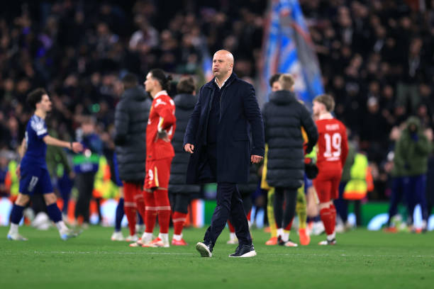 Liverpool manager Arne Slot looks dejected after their defeat in the penalty shootout during the UEFA Champions League 2024/25 UEFA Champions League...