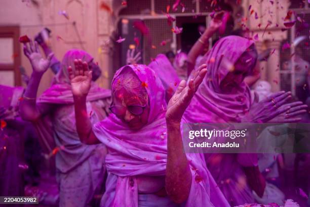 Indian women covered in flower petals and colours as they celebrate the Holi festival, the Hindu spring festival of colours at a temple in Vrindavan,...