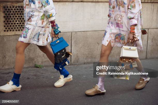 Sisters Snehal and Jyoti Babani wear white colourful printed silk shirt dress, 12 Hermes bags, and pink colourful silk printed shirt dress, 12 Hermes...