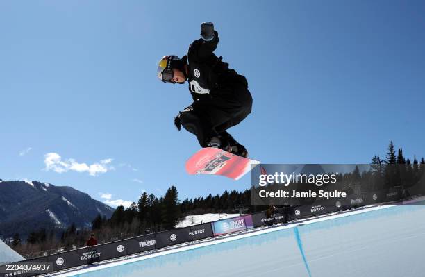 Chaeun Lee of Korea competes in the men's snowboard halfpipe competition on day 2 of The Snow League at Buttermilk Ski Resort on March 08, 2025 in...