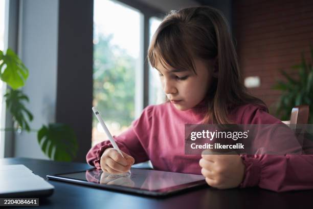 Child Girl Watching Online Tutorial On Laptop Computer And Drawing ...