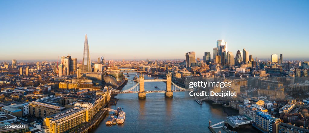 Panoramic Aerial View of Tower Bridge and the City Of London Skyline at Sunrise, United Kingdom