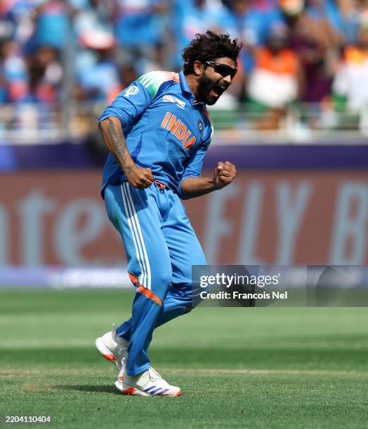 Ravindra Jadeja of India celebrates the wicket of Tom Latham of New Zealand during the ICC Champions Trophy 2025 Final between India and New Zealand...