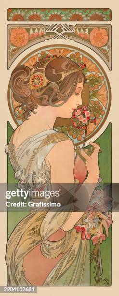 illustrazioni stock, clip art, cartoni animati e icone di tendenza di bella donna che sogna ad occhi aperti con il fiore art nouveau 1899 - stile liberty