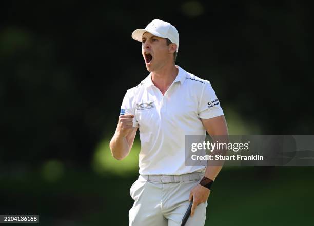 Calum Hill of Scotland celebrates a birdie on the 18th green on day four of the Joburg Open 2025 at Houghton GC on March 09, 2025 in Johannesburg,...