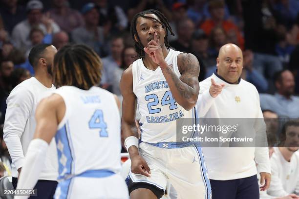 North Carolina Tar Heels forward Jae'Lyn Withers celebrates after making his third consecutive three point shot during the ACC Men's basketball...