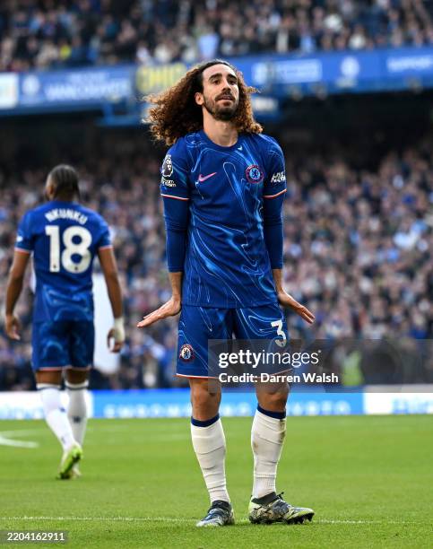 Marc Cucurella of Chelsea celebrates scoring his team's first goal during the Premier League match between Chelsea FC and Leicester City FC at...