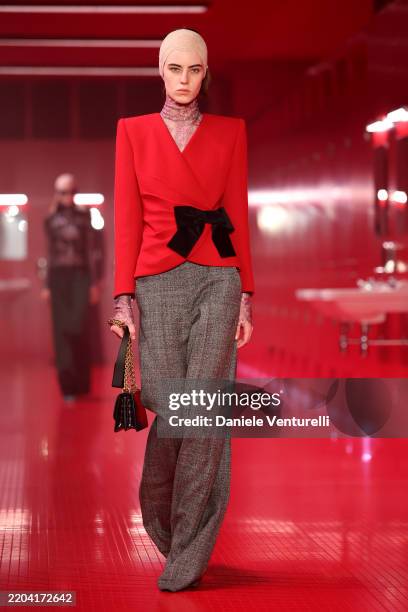 Model walks the runway during the Valentino "Le Meta-Theatre des Intimites" show as part of Paris Fashion Week on March 09, 2025 in Paris, France.