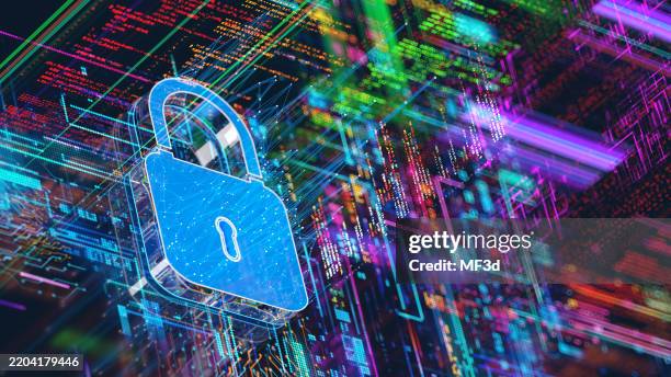 digital security concept. protect data. lock sign on cpu and program code. вata breach. - computer security stock pictures, royalty-free photos & images