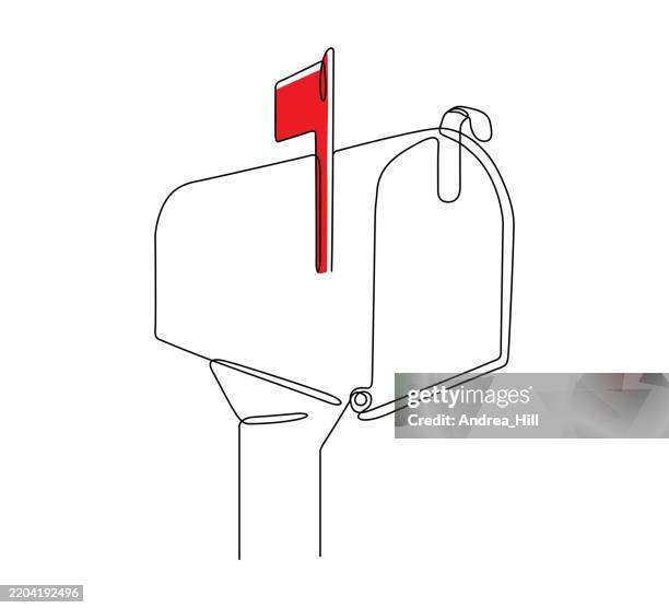 mailbox with red flag. continuous line drawing of a mailbox. copy space for text. - direct mail postcard stock illustrations