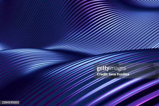 futuristic glossy striped waves, lines gradient dark blue, lilac purple, metallic technology background. 3d abstract pattern. design element, geometric composition. - navy blue stock pictures, royalty-free photos & images