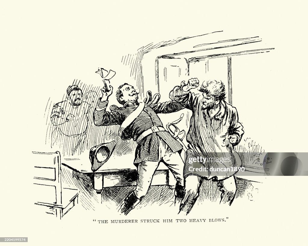 Murderer resisting arrest, fighting with policer officer, Victorian murder mystery, 19th Century Vintage illustration, from the story After the Crime by Constant Guéroult