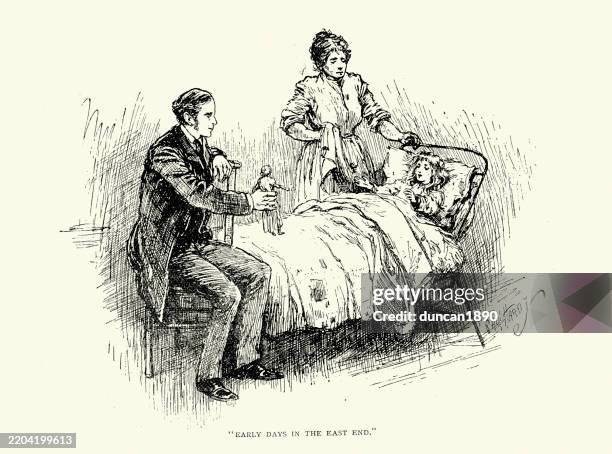 history of healthcare, victorian doctor, sir morell mackenzie visiting a sick child in east end of london, 19th century vintage illustration - young physician stock illustrations