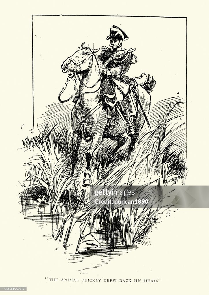 French Gendarmerie on horseback searching for a man hiding in the reeds by a river, Victorian murder mystery, 19th Century Vintage illustration