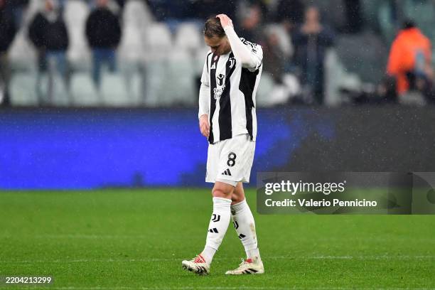 Teun Koopmeiners of Juventus looks dejected after the team's defeat in the Serie A match between Juventus and Atalanta at the Allianz Stadium on...