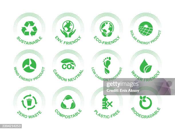 stockillustraties, clipart, cartoons en iconen met sustainable and eco-friendly production labels - stempel kantoorartikel