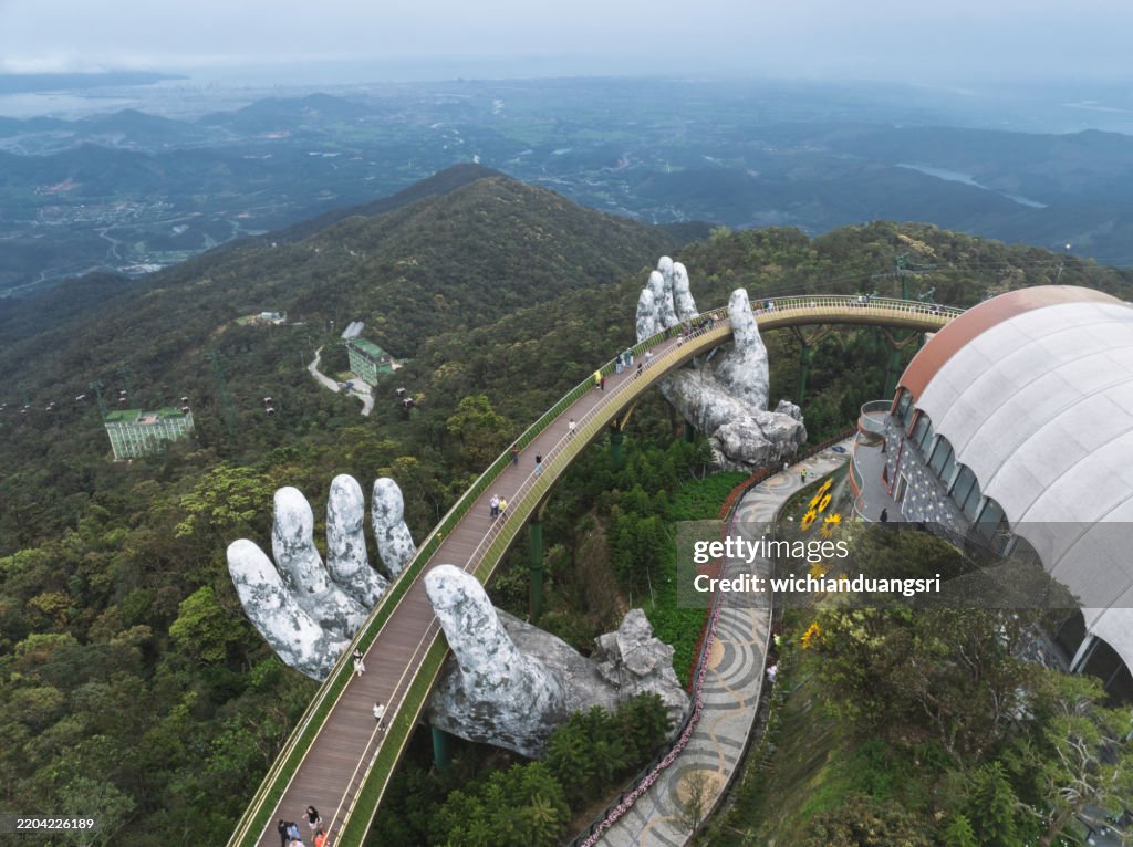 Aerial view of the Golden Bridge in Ba Na hills, Da Nang, Vietnam